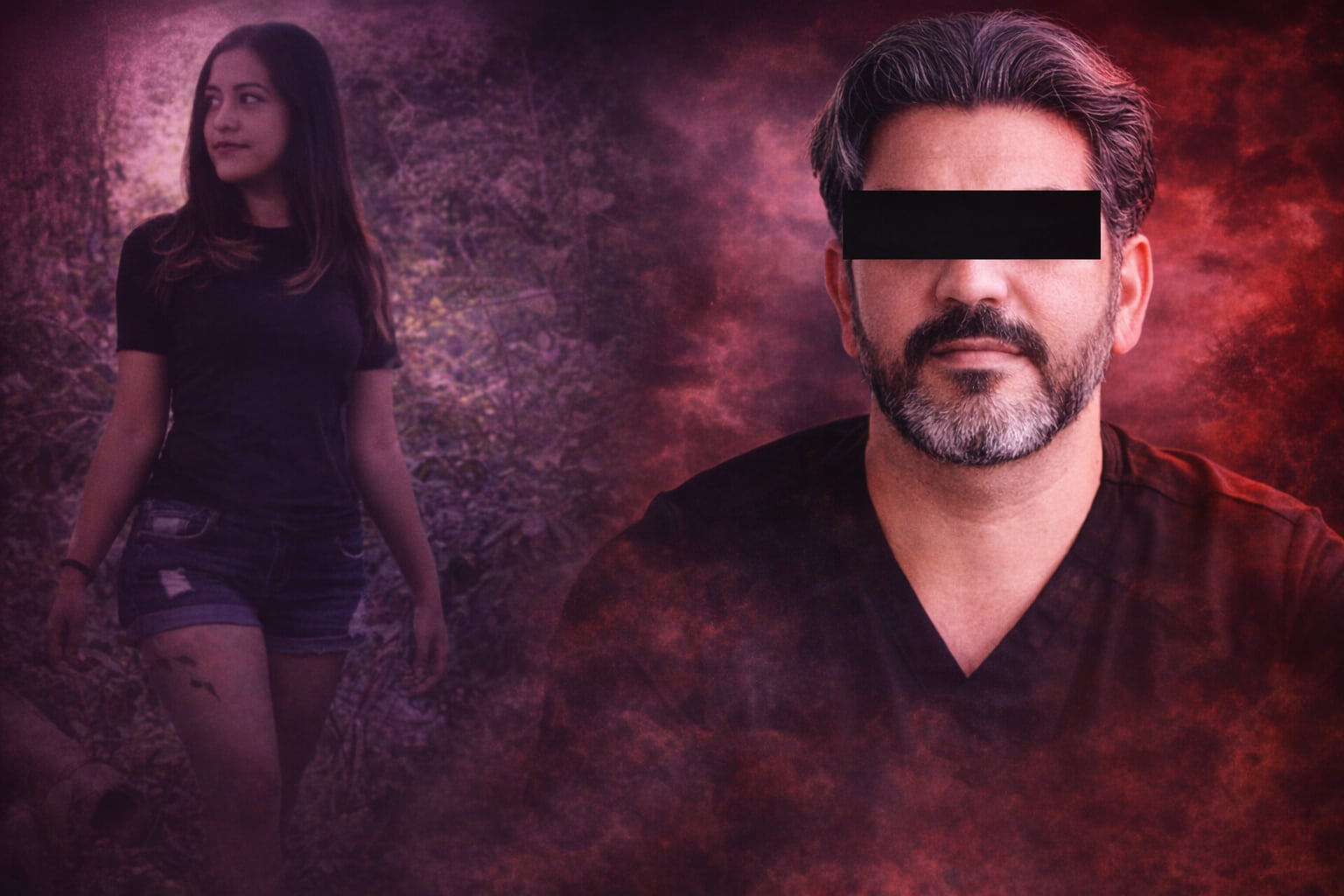 Composición visual del cirujano acusado de feminicidio, con los ojos cubiertos, junto a Norma Patricia, la joven asesinada cuyo caso ha conmocionado a México. (Imagen Ilustrativa Infobae)
