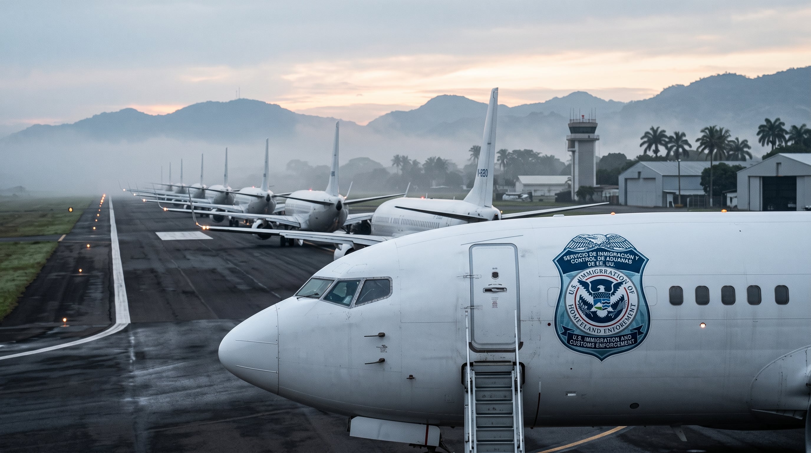 Varias aeronaves del Servicio de Inmigración y Control de Aduanas de Estados Unidos permanecen alineadas en la pista de un aeropuerto al amanecer. (Imagen Ilustrativa Infobae)