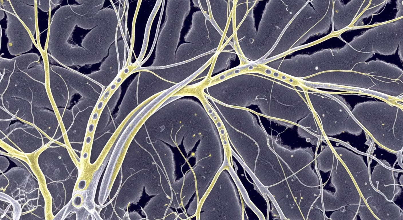 Vista aumentada de neuronas en el cerebro humano. Investigadores de la Universidad de California en San Francisco identificaron que niveles elevados del factor FTL1 en el hipocampo de ratones se vinculan con menos conexiones neuronales y un peor rendimiento en pruebas de memoria y aprendizaje (Imagen Ilustrativa Infobae)