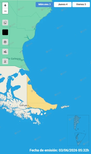 Mapa meteorológico digital de la Patagonia argentina, mostrando la costa y regiones con Río Gallegos y Ushuaia, iconos de tiempo y fechas de pronóstico del 3 al 5 de junio