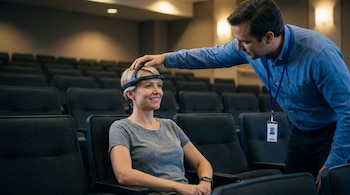 Un hombre con camisa azul ayuda a una mujer rubia sentada en un auditorio a ajustarse un dispositivo negro de análisis biométrico en la cabeza.