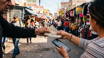 Dos personas realizan un pago con billetes de dólares frente a un teléfono celular en una calle con puestos de mercado y letreros.