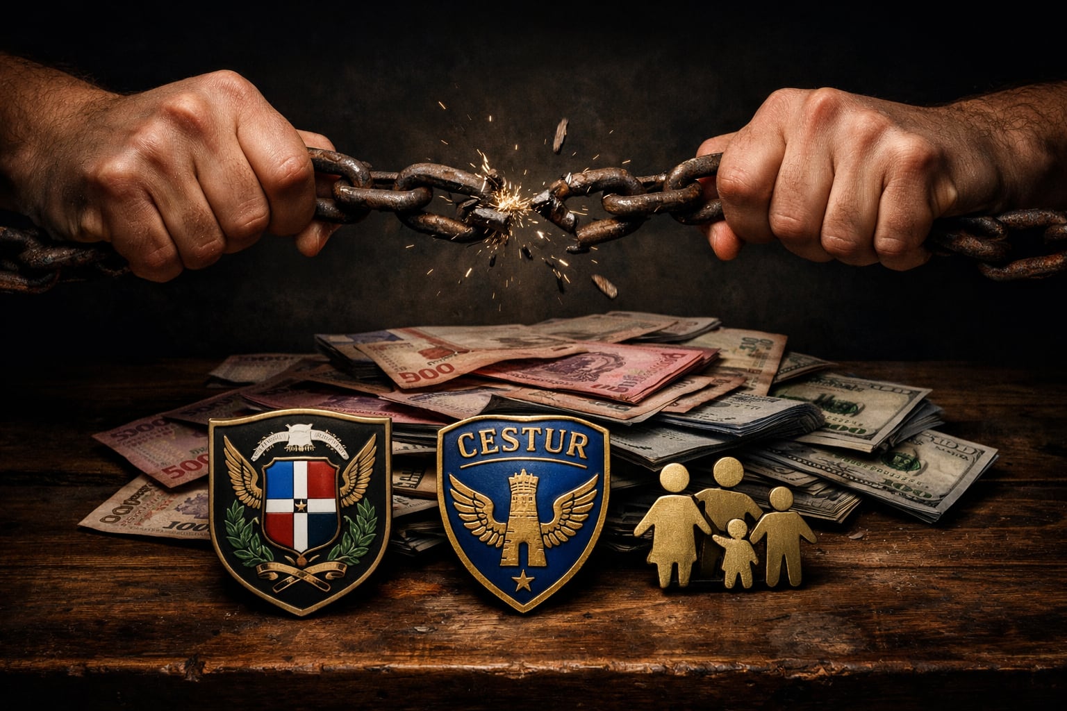 Una imagen conceptual muestra manos rompiendo una cadena oxidada, con billetes de pesos dominicanos y dólares junto a los logotipos de CUSEP, CESTUR y CONANI sobre una mesa de madera. (Imagen Ilustrativa Infobae)