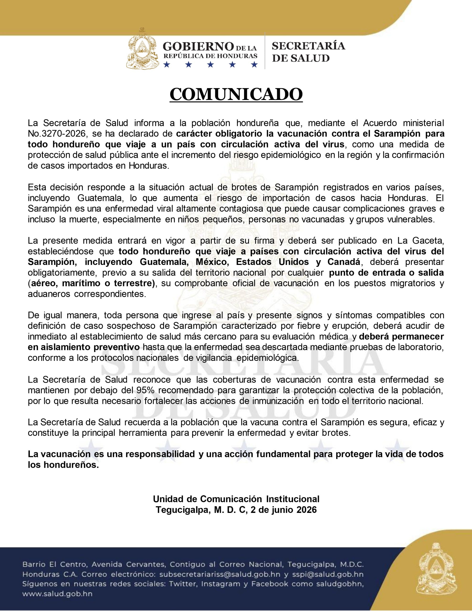 Autoridades sanitarias hondureñas refuerzan la protección de la salud pública nacional mediante la vacunación obligatoria.