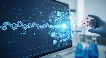 Pantalla de laboratorio con secuencia de proteínas y gráficos de IA; una mano enguantada sostiene una placa de Petri con muestras rosadas en un entorno biomédico moderno.