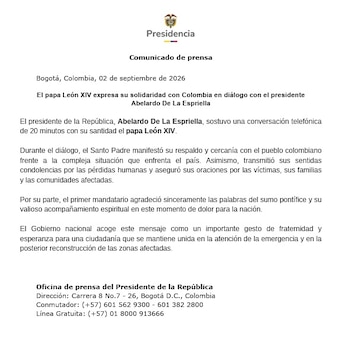 El área de comunicaciones de la presidencia, confirmó a través de un comunicado que el papa León XIV expresó su respaldo a Colombia por la crisis que atraviesa el país durante una llamada telefónica de 20 minutos con el presidente De la Espriella - crédito Presidencia de la República