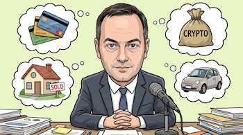 Caricatura de un hombre sentado ante un micrófono entre papeles, con globos que contienen tarjetas de crédito, una casa, un auto y una bolsa.