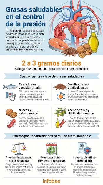 Infografía mostrando un corazón con venas y arterias, rodeado de un filete de salmón, semillas de lino, nueces y una botella de aceite de oliva.