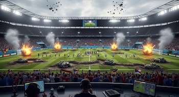 Un estadio de fútbol con jugadores, trincheras, vehículos militares, explosiones y humo. Escombros flotan. Hay una pantalla gigante y una cabina de transmisión con personas.