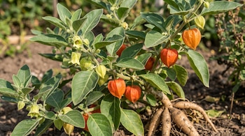 Una planta de ashwagandha con hojas verdes, pequeñas flores verdosas, frutos anaranjados en forma de corazón y raíces gruesas expuestas en la tierra.