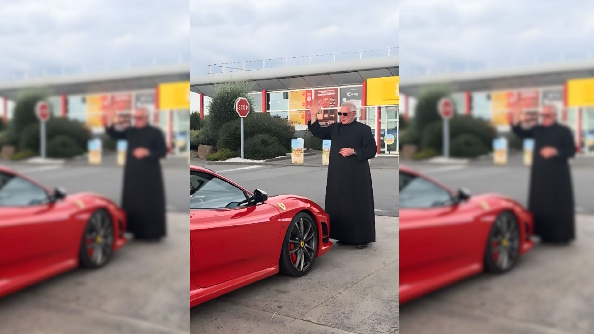 El sacerdote Geoffroy de La Tousche bendiciendo un coche Ferrari (@pere_geoffroy)