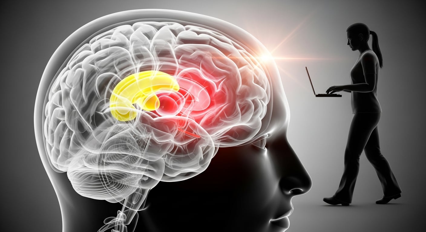 Una ilustración 3D muestra el cerebro humano con los ganglios basales resaltados, mientras una silueta desenfocada de una persona teclea en un portátil en segundo plano, simbolizando el control de acciones cotidianas. (Imagen Ilustrativa Infobae)