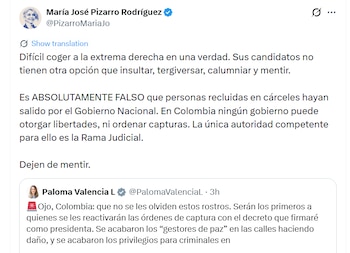María José Pizarro rechazó las afirmaciones de Paloma Valencia y aseguró que es “absolutamente falso” que el Gobierno haya liberado personas privadas de la libertad - crédito @PizarroMariaJo/X