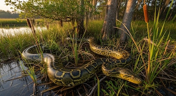 Una serpiente pitón grande se desliza por un humedal con agua poco profunda, juncos altos, pasto, árboles y luz cálida del amanecer.