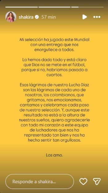 Shakira hizo referencia a las lágrimas de Luis Díaz en su mensaje a la Selección Colombia tras la eliminación del Mundial 2026 - crédito @shakira/Instagram
