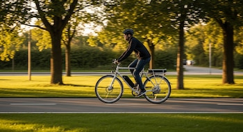 Hombre con casco y ropa oscura monta una bicicleta eléctrica ligera blanca en una ciclovía. Árboles verdes con luz dorada de fondo y césped a los lados.