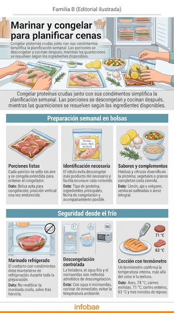 Infografía sobre preparación de alimentos que ilustra bolsas con carne marinada, un refrigerador, condimentos y un termómetro de cocina.