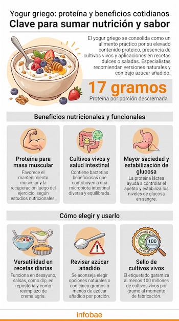 Infografía con tazón de yogur griego, frutas y nueces. Paneles explicativos sobre beneficios, selección y uso del yogur. Logo Infobae.