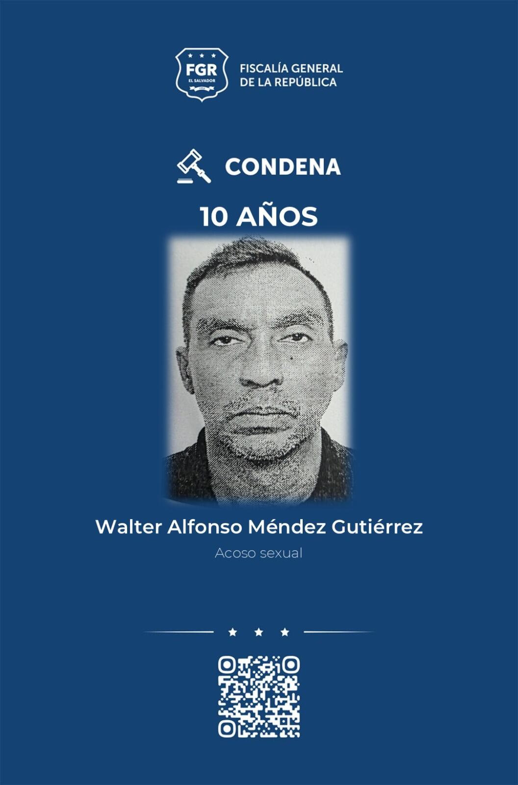 Walter Alfonso Méndez Gutiérrez recibió una condena en ausencia de 10 años de prisión por acoso sexual en San Salvador. (Foto: FGR)