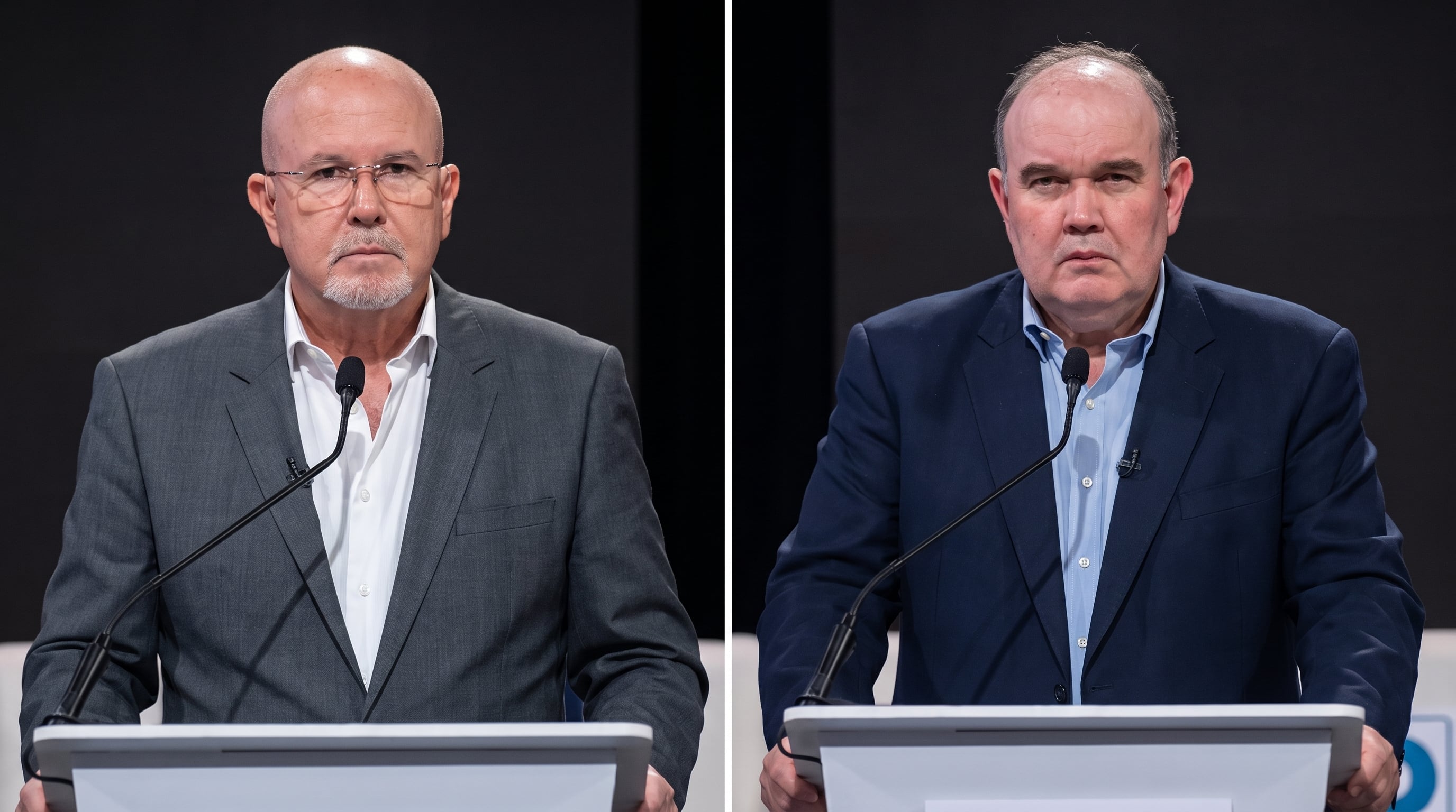 Los políticos peruanos Carlos Bruce y Rafael López Aliaga permanecen detrás de atriles con micrófonos durante una intervención pública. (Imagen Ilustrativa Infobae)
