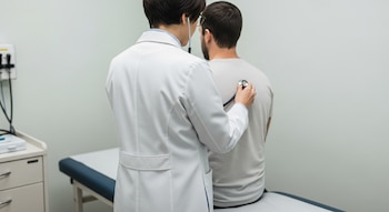 Profesional de la salud de espaldas, con bata blanca y estetoscopio, auscultando la espalda de un paciente sentado en una camilla de examen, en una sala de consulta médica.