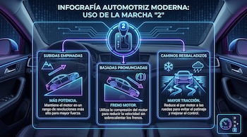 Infografía moderna dentro de un coche que explica el uso de la marcha "2" en transmisiones automáticas para subidas, bajadas y caminos resbaladizos.