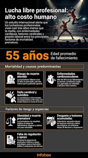 Infografía con título 'Lucha Libre Profesional: Alto Costo Humano', muestra dos luchadores en un ring, un árbitro y público, junto a estadísticas de mortalidad.