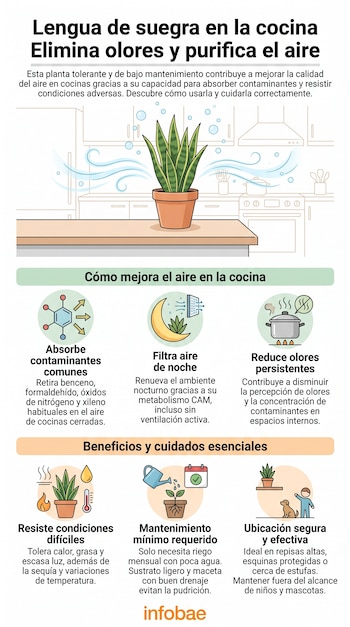 Infografía con una planta Lengua de suegra en una maceta sobre la encimera de una cocina, junto a texto e íconos que detallan sus usos y cuidados.