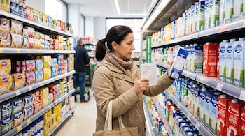 Una mujer sostiene una libreta con notas y un envase de leche en el pasillo de un supermercado rodeada de estanterías con lácteos.