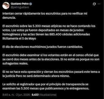 En un nuevo mensaje, Petro pidió revisar las 5.300 mesas que considera atípicas y solicitó a la Registraduría verificar si los votantes registrados hacen parte del censo electoral oficial - crédito Gustavo Petro/X