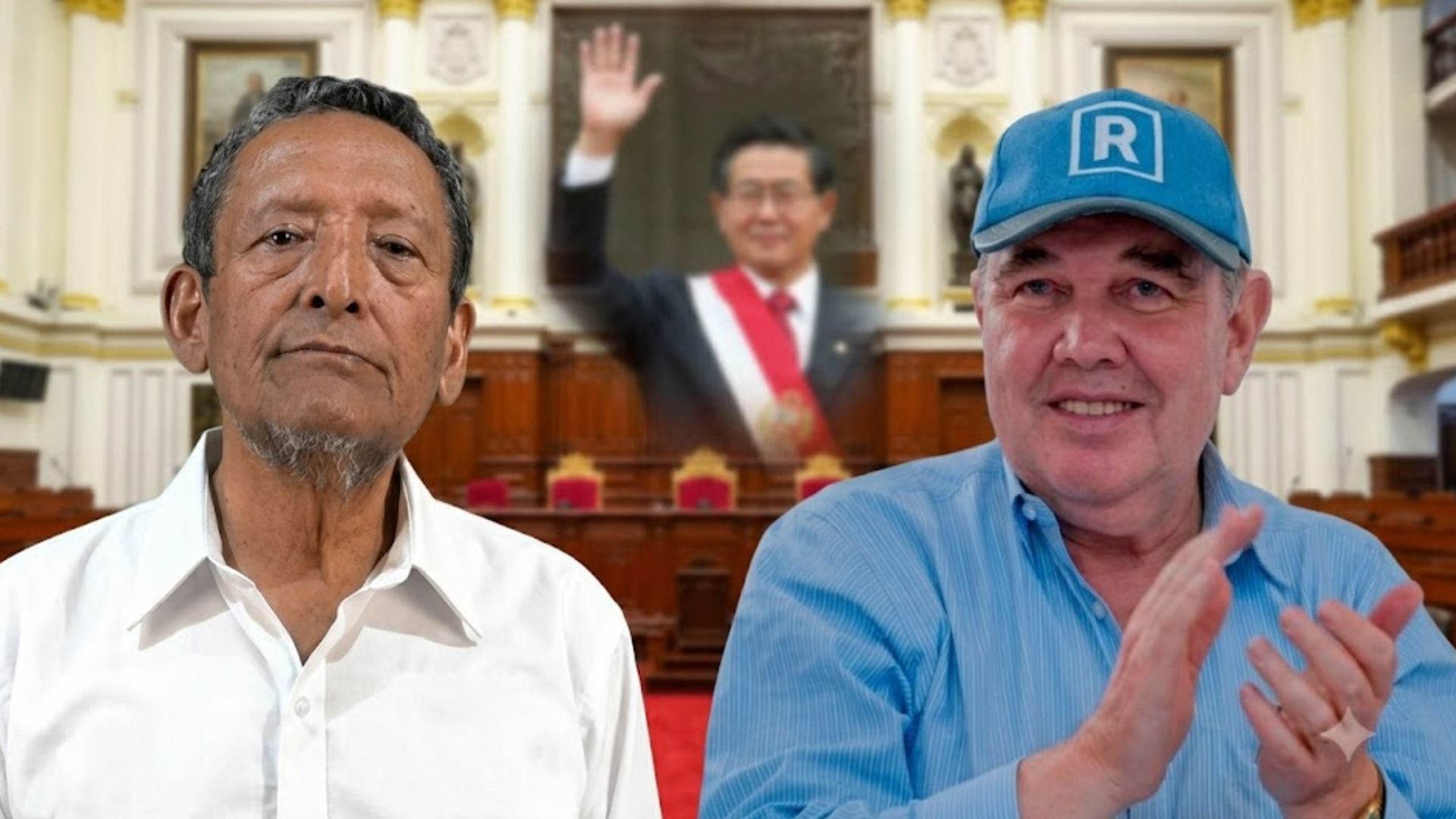 Absalón Vásquez y Rafael López Aliaga, el segundo con una gorra azul y aplaudiendo, posan ante un hemiciclo borroso que muestra un retrato de Alberto Fujimori. (Imagen Ilustrativa Infobae)