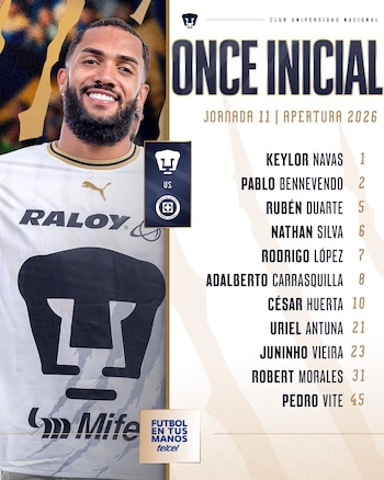 Alineación titular de Pumas con la foto de un jugador a la izquierda y una lista numerada con once nombres a la derecha