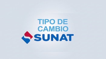 Texto en letras celestes que dice Tipo de cambio sobre el logotipo azul y rojo de SUNAT en un fondo gris claro.