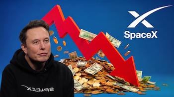 Elon Musk con un logo de SpaceX en su sudadera, un logo de SpaceX, una flecha roja descendente, billetes de cien dólares y monedas sobre fondo azul.