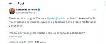 Katherine Miranda le pidió coherencia al presidente Gustavo Petro - crédito @MirandaBogota
