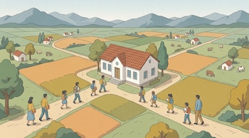 Vista aérea de una escuela rural blanca con techo rojo, rodeada de campos y casas. Niños y adultos caminan por caminos de tierra hacia la escuela. Hay árboles, vacas y montañas.