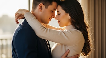 Un hombre y una mujer se abrazan con los ojos cerrados y sus frentes unidas. La mujer lleva un suéter beige. El hombre viste una chaqueta azul oscura.