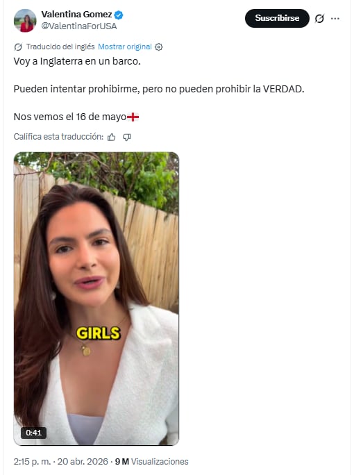 Valentina Gómez rechazó la decisión del Reino Unido - crédito @ValentinaForUSA/X