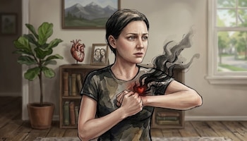 Ilustración de una mujer con expresión de dolor agarrándose el pecho, de donde emanan un corazón rojo y humo negro. Se ve un modelo de corazón anatómico al fondo