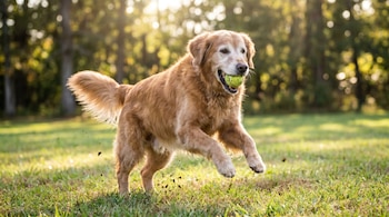 Golden retriever de mediana edad, con pelaje dorado y hocico blanquecino, corriendo por césped verde con una pelota de tenis en la boca, sol de fondo.