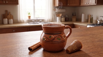 Una taza de barro pintada con humo emergente junto a una rama de canela y un trozo cónico de piloncillo sobre una mesa de madera.