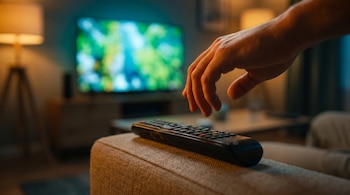 Primer plano de una mano humana que se extiende lentamente hacia un control remoto de TV negro sobre el reposabrazos de un sofá beige, con una televisión colorida en el fondo borroso.