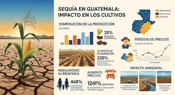 Infografía con título Sequía en Guatemala, planta de maíz en suelo seco, mapa de Guatemala, gráficos de barras y líneas, iconos de café, agricultor, familia y mercado.