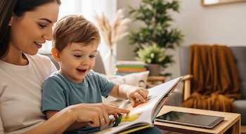 Primer plano de una madre leyendo un libro a un niño pequeño, ambos sonriendo. El niño señala una imagen en el libro. Una tableta inactiva está en la mesa.