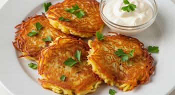 Cuatro tortitas de papa fritas, redondas y doradas, con ramitas de perejil, sobre un plato blanco. Hay un cuenco de cristal con crema blanca al lado.