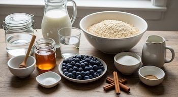 Una mesada de madera exhibe un tazón grande con avena, un jarro de leche, un vaso de agua, un frasco con agua, un frasco con miel, arándanos, azúcar, sal y canela.