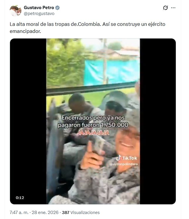 El presidente reaccionó a los jóvenes reclutan que compartieron en videos la felicidad ade recibir su primer pago - crédito @petrogustavo/IG