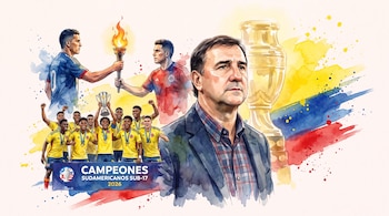 Ilustración acuarela de Néstor Lorenzo, Copa América, futbolistas con antorcha, jugadores campeones Sub-17 con medallas y un cartel de Campeones 2026.