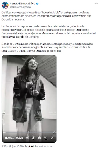 O Centro Democrático rejeitou o slogan do Juco e pediu respeito à democracia - crédito @CeDemocratico/X