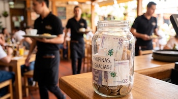 Un frasco de vidrio sobre una mesa con billetes de pesos colombianos, monedas y un letrero de "Propinas, ¡gracias!". Tres hombres meseros difusos al fondo.
